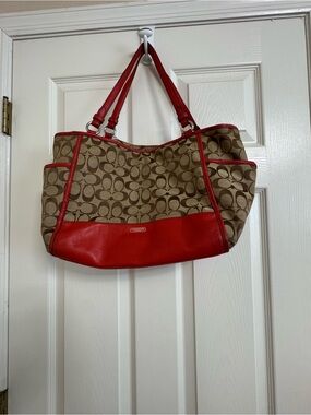 Coach Brown Signature Canvas Tote with Orange Leather Trim